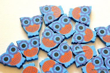 Blue And Red Owl Wood Beads x 10